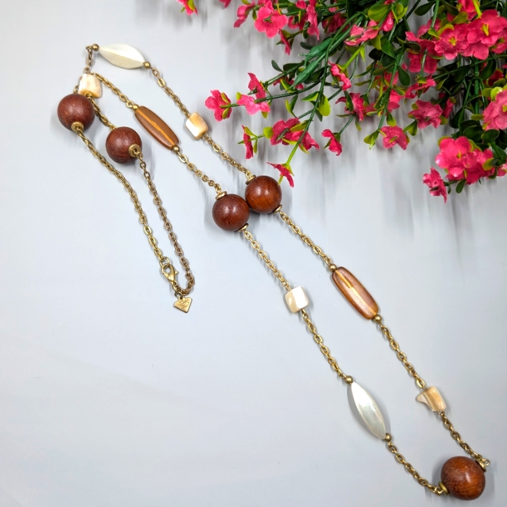 Cookie Lee Signed Genuine Wood and Mother of Pearl Bead Vintage Necklace